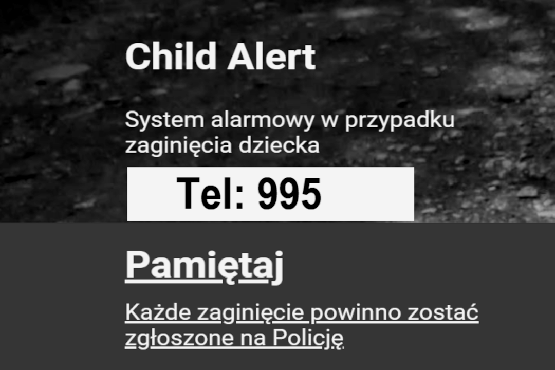 ZAGINĘŁO DZIECKO? Zgłoś CHILD ALERT! Child Alert to system natychmiastowego rozpowszechniania wizerunku zaginionego dziecka za pośrednictwem dostępnych mediów. 